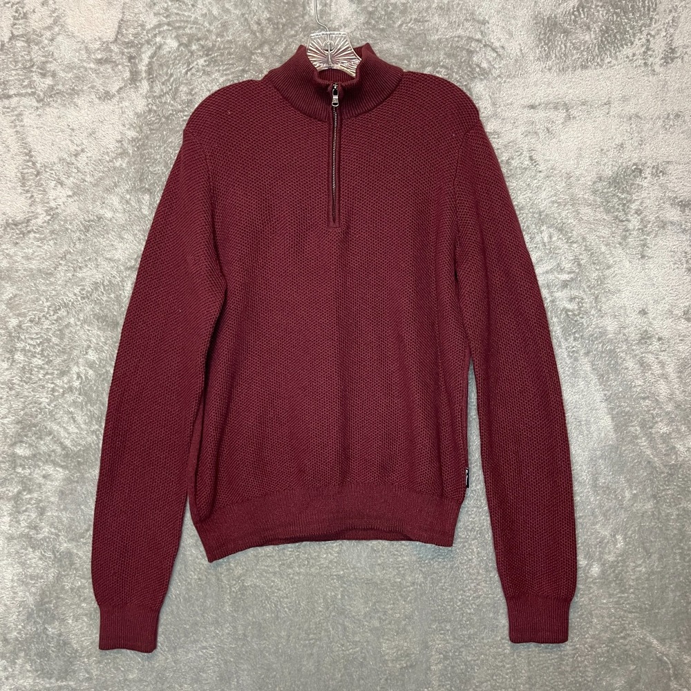Ben Sherman Men Classic Waffle Knit 1/4 Zip Mock Neck Pullover Sweater M Maroon